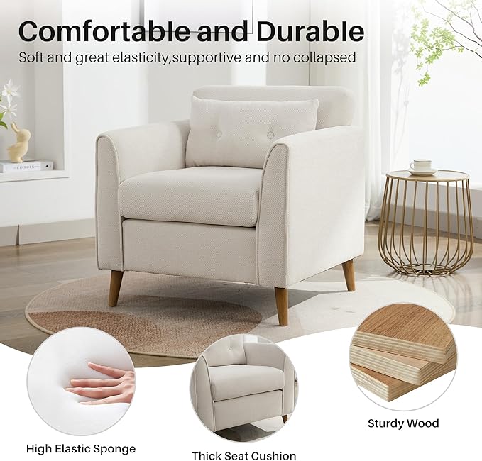 Modern Accent Chair with Wooden Legs Plush Fabric Armchair Chenille Side Single Sofa Chair for Bedroom, Office Cafe Waiting Room Apartment (Beige Armchair)-Ruum Studio Home