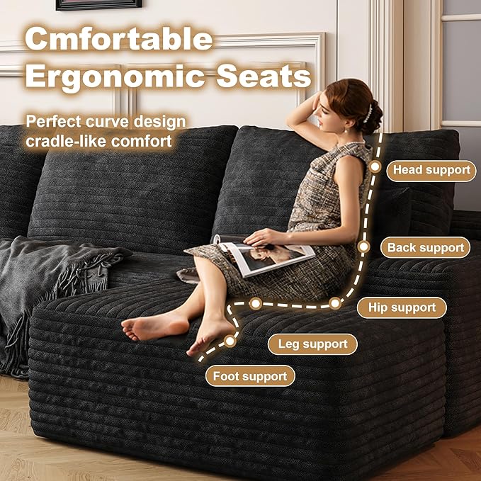 108" Sectional Couches for Living Room Modern Modular Sofa with L-Shape Couchs Upholstered Boneless Couch Deep Seat Sectional Couch with Chaise (Black, Left Facing Chaise+2Seaters+1Ottoman)-Ruum Studio Home