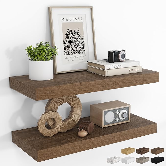 RICHFOCUS 24Inch Floating Shelves for Wall 2 Pack Shelves for Bedroom|Kitchen|Bathroom Wall Mounted Rustic Wood Floating Shelf with Invisible Brackets for Books|Storage|Decor, Walnut-Ruum Studio Home