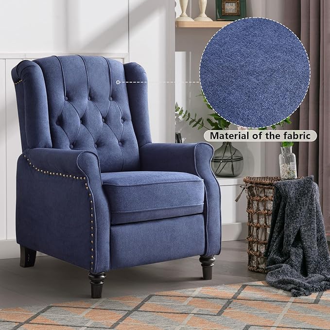 CANMOV Push Back Recliner Chair,Accent Chair, Mid Century Wingback Recliner, Fabric Push Back Recliner Chair Single Armchair Sofa with Rivet Decoration, Button-Tufted Back for Living Room,Dark Blue-Ruum Studio Home