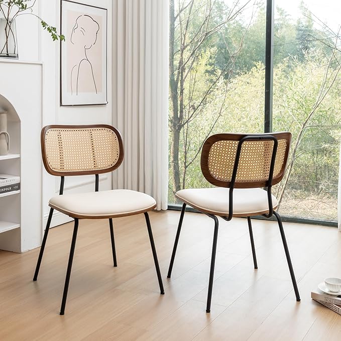 Rattan Dining Chairs Set of 2, Mid Century Modern Dining Chairs with Cane Back for Kitchen Dining Room, 19 Inch Faux Leather Beige-Ruum Studio Home