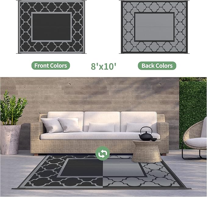 GENIMO 8' x 10' Outdoor Rug Patio Waterproof, Reversible Plastic Straw Area Rugs Mat for Camper Decor, Outside Carpet for Camping, Rv, Deck, Porch, Picnic, Beach, Balcony, Black & Grey-Ruum Studio Home