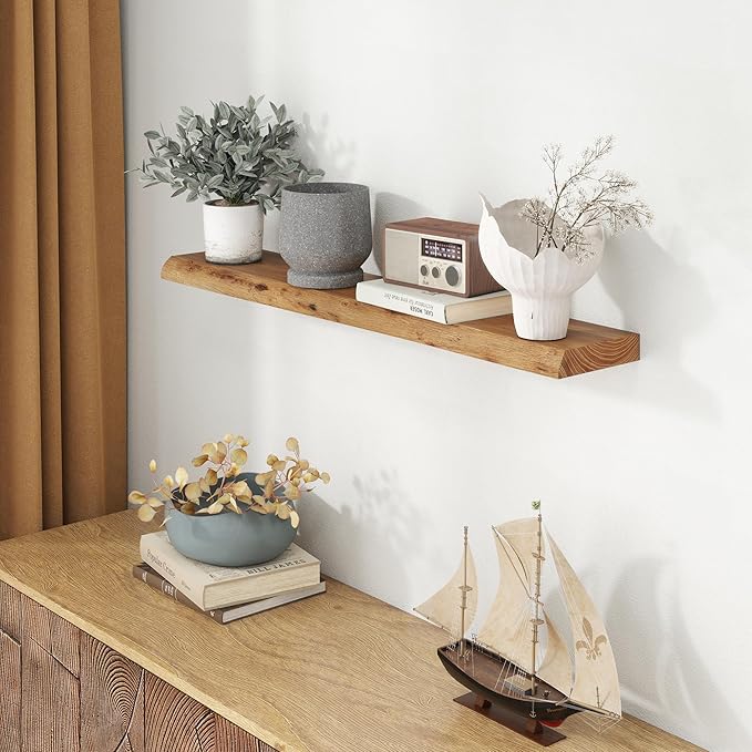 Fun Memories 40" Floating Shelves for Wall, Live Edge Solid Elm Wood Floating Shelf with Invisible Bracket, Wall Mounted Display Wooden Shelves for Bathroom, Kitchen, Bedroom, Natural Color, Set of 1-Ruum Studio Home