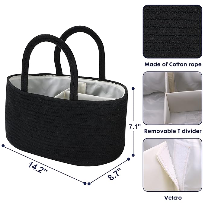 Baby Diaper Caddy Organizer for Girl Boy Cotton Rope Nursery Storage Bin Basket Portable Holder Tote Bag for Changing Table Car Travel Baby Shower Gifts Newborn Essentials Registry Must Haves Black-Ruum Studio Home