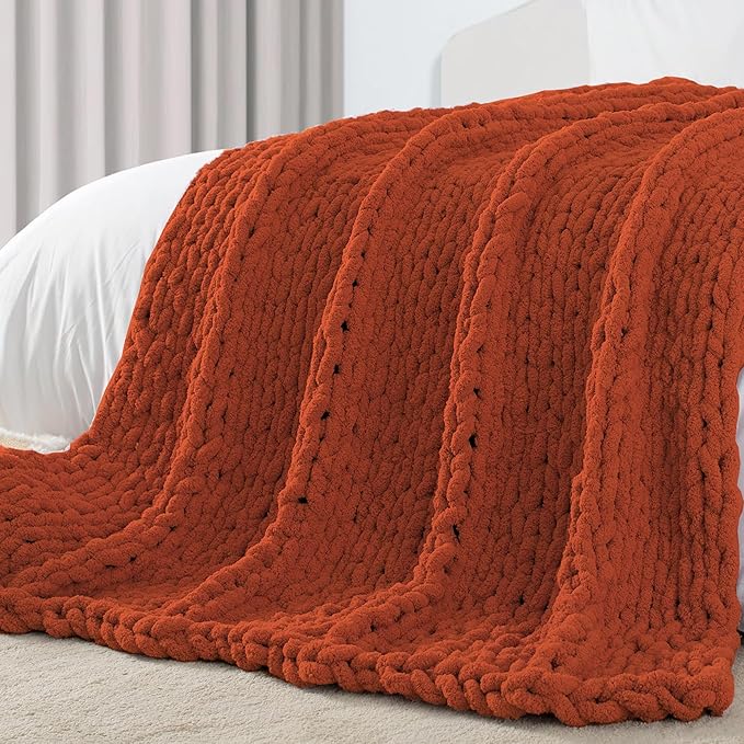 Carriediosa Chunky Knit Throw Blanket 60" X 80" Twin, 100% Hand Made Large Chenille Loop Yarn Soft Fluffy Throws for Couch Sofa Bed, Big Crochet Cozy Heavy Thick Cable Woven Blankets, Rust-Ruum Studio Home