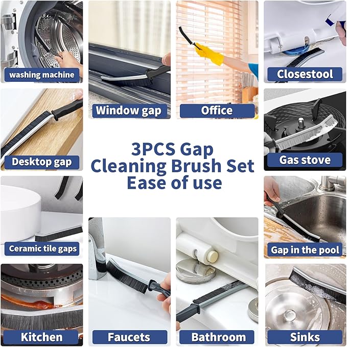 3 Pcs Cleaning Brushes for Household - Crevice Brush for Scrub Small Spaces, Toilet Cleaning Tool with Comfortable Grip, Long&Firm Bristle for Shower Tile Grout, Sinks Gap, Window Tracks, Hinges-Ruum Studio Home