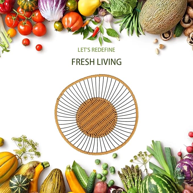 Vine Woven Iron Fruit Bowl, Metal Wire Fruit Basket, Vegetable Drain Basket, Storage Baskets for kitchen counter, countertop,Snacks, Candy, Bread,Cosmetics,Table decorative(10 x 2.95 Inches)-Ruum Studio Home