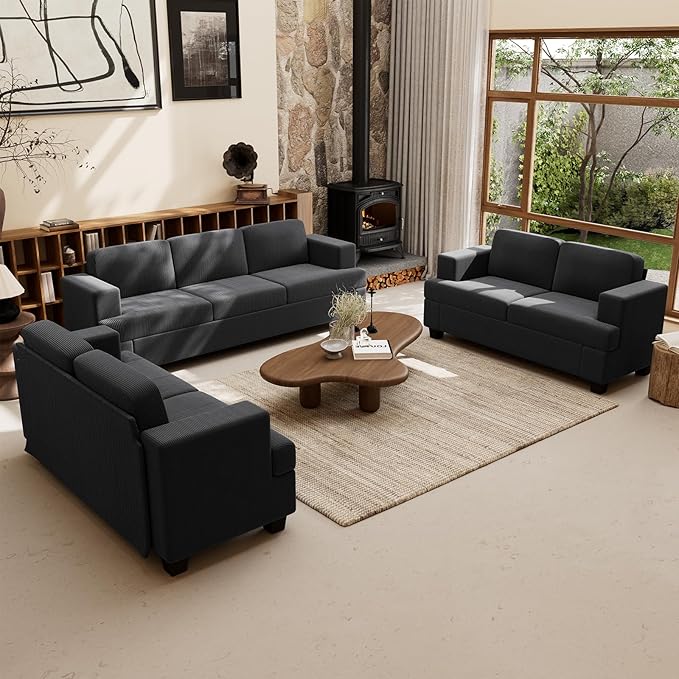 2 Pieces Corduroy Couch Set for Living Room, Black Cloud Sofa, Deep Seat Floor Couch for Bedroom, Futon Modern Sofa Sectional Bed, Black Corduroy-Ruum Studio Home