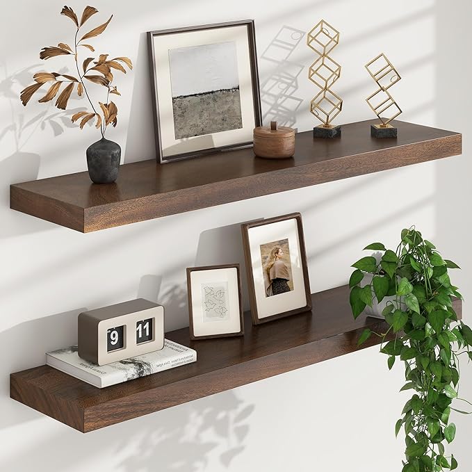 Floating Shelves for Wall, USA-Sourced Walnut Wood 36 Inch Long Wall Shelves Set of 2, Natural Wooden Wall Mounted Picture Ledge Shelf, Nursery Book Storage Shelf Kids Bookshelf, Display Shelf-Ruum Studio Home