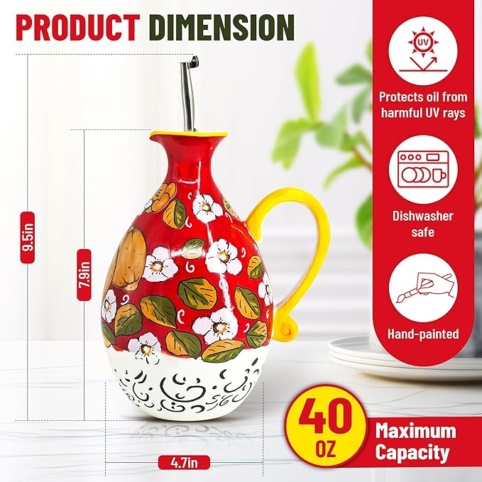 Hand-Painted Ceramic Olive Oil Dispenser Bottle – 40oz Decorative Stoneware Cruet with Stainless Steel Pour Spout – Elegant Kitchen Oil & Vinegar Container, Ideal for Coffee Syrups & More-Ruum Studio Home
