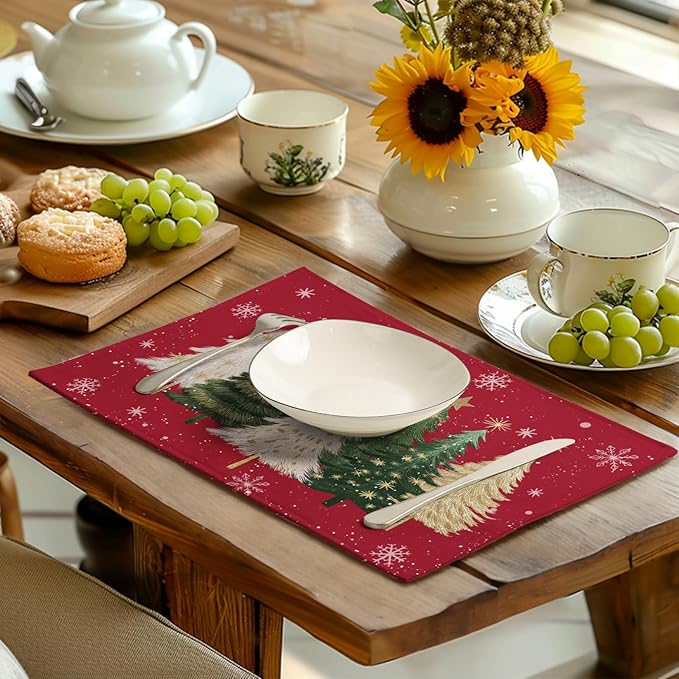 Red Christmas Tree Placemats Set of 4, 12x18 Inch Xmas Trees Snowflakes Winter Holiday Place Mats Seasonal Washable Linen Table Mat for Indoor Outdoor Kitchen Dining Party Decor-Ruum Studio Home