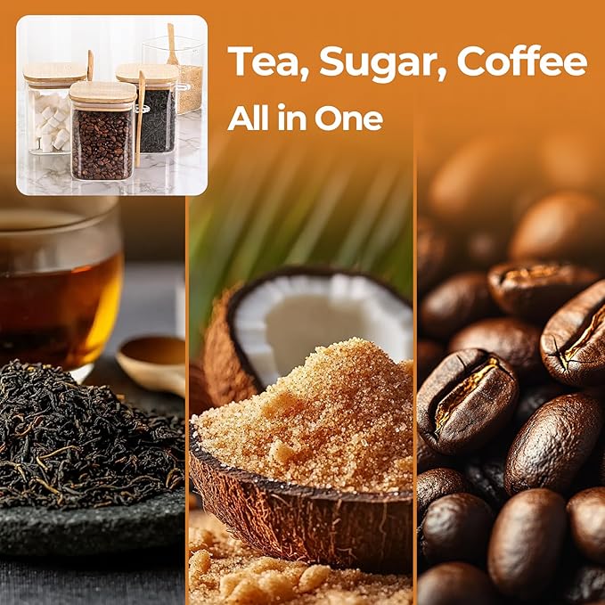 ComSaf 0.8 Qt Glass Jars with Bamboo Lids & Spoons Set of 4, Square Glass Containers with Lids, Sugar Coffee Containers Salt Spice Jars, Pantry Storage Container for Loose Tea, Candy, Brown Sugar, Nut-Ruum Studio Home