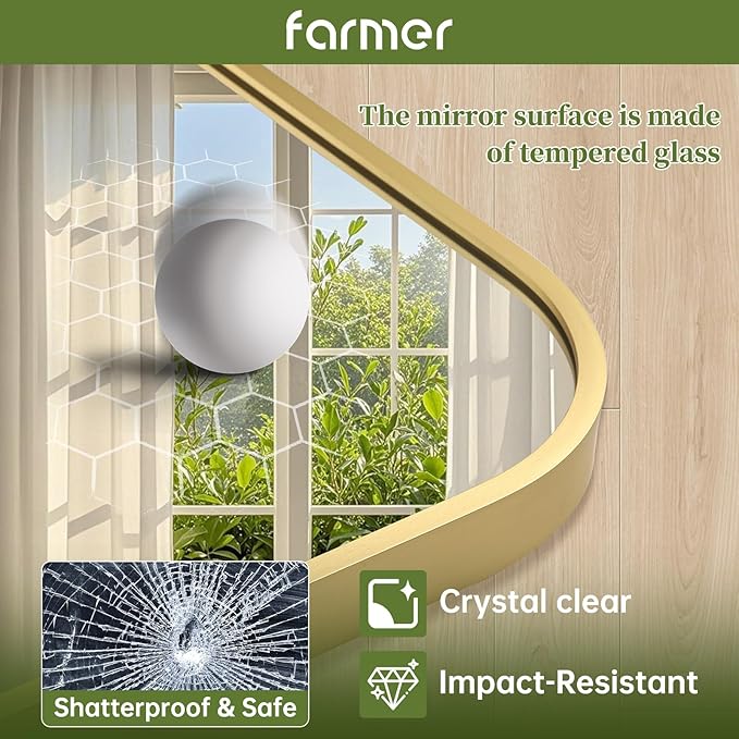 FARMER 30x36 Inch Gold Bathroom Mirror, Rectangle Vanity Mirror, Brushed Mirrors for Wall, Metal Frame Hanging Mirror with Round Corner for Bedrooms, Entryways, Living Rooms, Horizontal/Vertical-Ruum Studio Home