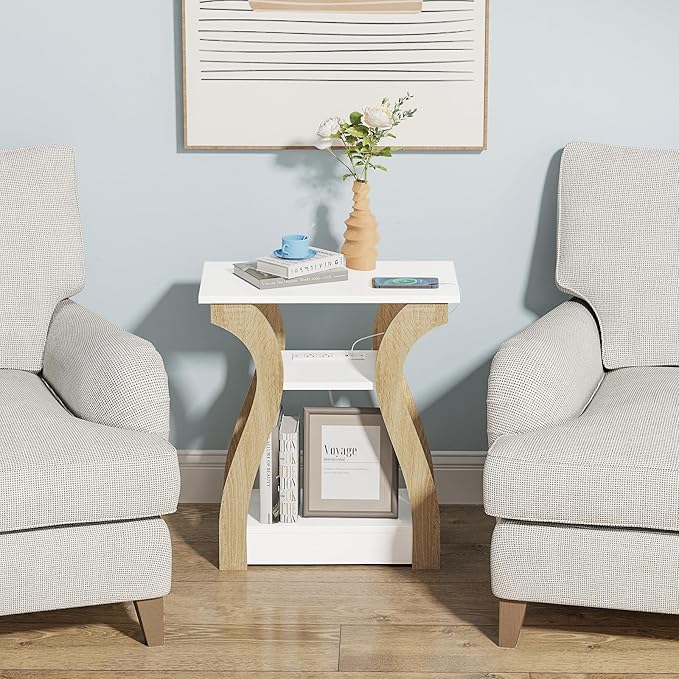End Table with Charging Station, Side Table with USB Ports and Outlets, Nightstand, 3 Tier End Table with Storage Shelf for Living Room, Bedroom (White)-Ruum Studio Home
