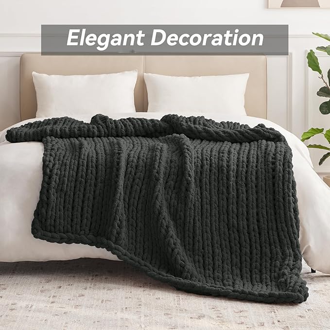 Chunky Knit Throw Blanket, 60''*80'' Knitted Throw Chenille Yarn for Bed Couch, Handmade Dark Grey Crochet Big Thick Blanket, Machine Washable Cute Comfy Blanket for Home Decor-Ruum Studio Home