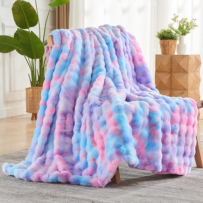 NEWCOSPLAY Faux Fur Throw Blanket Purple Rainbow Luxury Fluffy Thick Warm Bubble Blanket for Couch Sofa Bed 700GSM (Purple Rainbow, Throw(50"x60"))-Ruum Studio Home