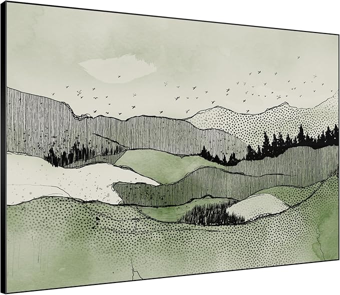 SIGNWIN 46"x60" Extra Large Framed Wall Art Green Line Art Mountain Landscape Illustration for Home Living Room Bedroom Decor (Frame Assembly Required)-Ruum Studio Home