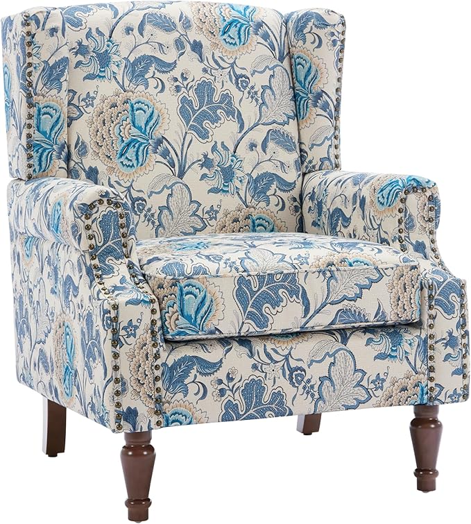 UIXE High Back Floral Accent Chairs Set of 2, Upholstered Armchair in Fabric, Retro Printed Wingback Arm Chair for Living Room, Nailhead Trim Single Sofa Bedroom Reading Seat - Boho Blue-Ruum Studio Home