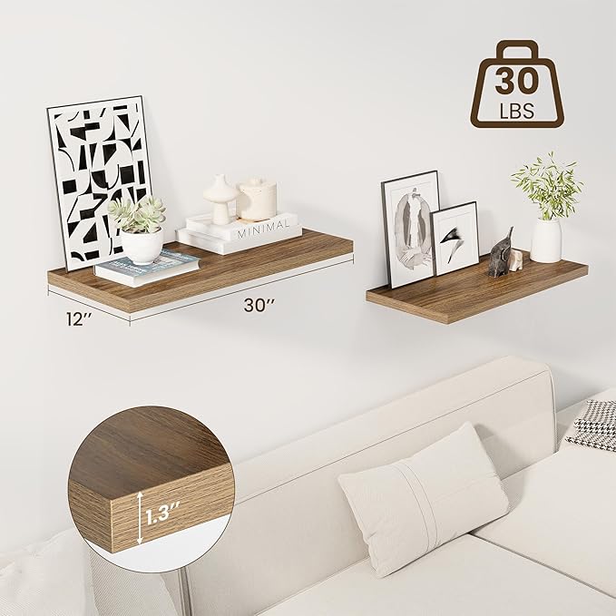 30" Floating Shelves for Wall, 12" Deep Slim Walnut Floating Shelves, Wall-Mounted Shelves for Bedroom, Living Room, Kitchen, Bathroom - Set of 2-Ruum Studio Home