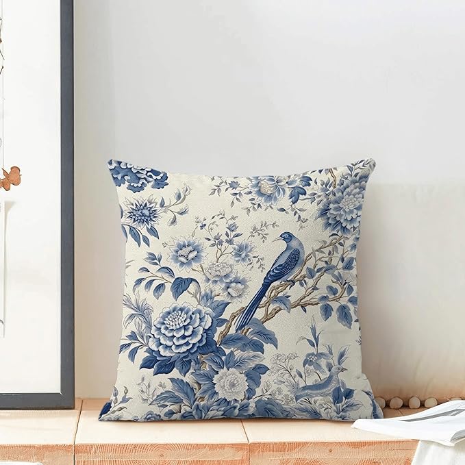CXMEIFLY Spring Floral Pillow Covers 18 x 18 Inch Set of 2 for Chinoiserie Flowers Bird Decor Throw Pillows Vintage Blue and White Plant Outdoor Decorative Cushion Cases for Couch Bed Decorations-Ruum Studio Home