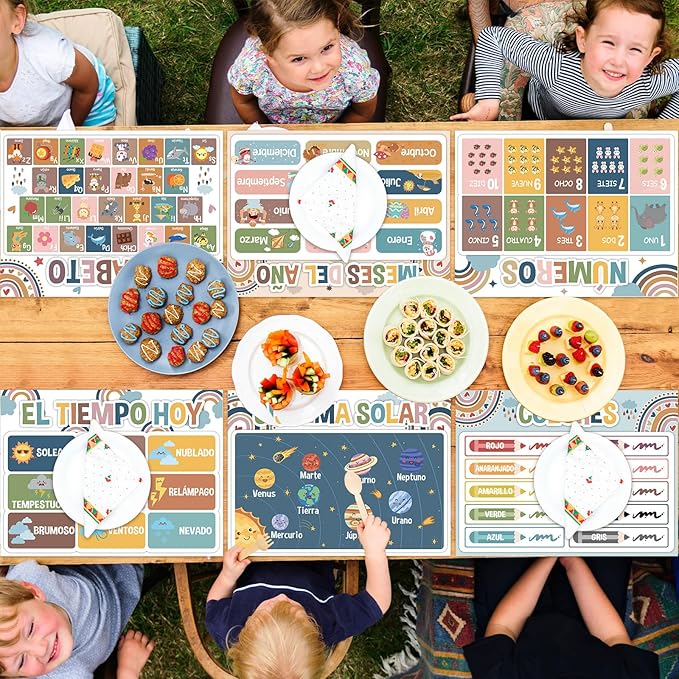 Spanish Educational Preschool Placemats Set of 6 Boho Plastic Table Mats Toddler Children Montessori Place Mats for Kids Washable Vinyl Holiday Table Decoration for Indoor Outdoor Party Kitchen Dining-Ruum Studio Home