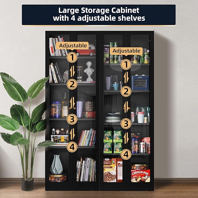 5 Tier Metal Curio Cabinets, Modern Bookshelf Cabinet with 4 Adjustable Shelves, Cabinet Display Case for Home Office, Living Room, Pantry (Black-27.5W)-Ruum Studio Home
