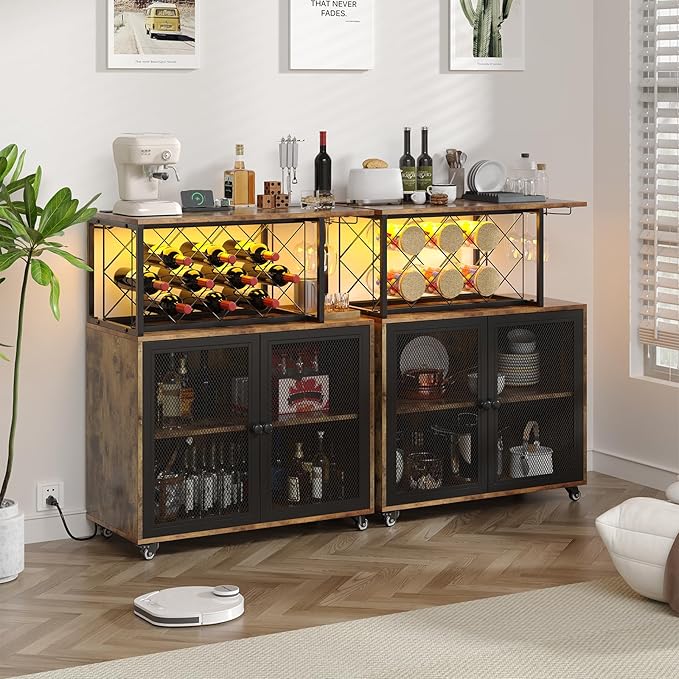 Wine Bar Cabinet with Wheels, 4-Tier Bar Cart with Power Outlets and LED Light, Liquor Cabinet Home Mini Bar with Wine Rack, Coffee Bar Cabinet for Liquor, Rustic Brown-Ruum Studio Home