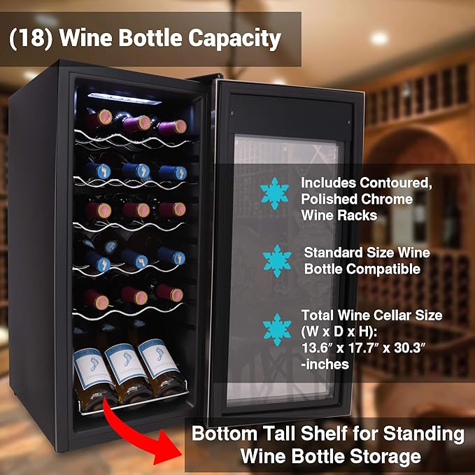 NutriChef PKCWC18 Slim Wine Fridge 18 Bottle Mini Beverage Chiller Adjustable Temp Control, 30x13x17 IN, Black-Ruum Studio Home
