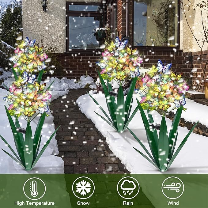 Homight Solar Metal Agave Butterfly Flower Stick Garden Sculpture - Outdoor Gift, Christmas Lights, Swaying Butterfly Sunflower Lights - Solar Outdoor (2 pcs Green)-Ruum Studio Home