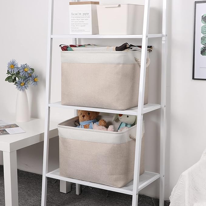 Bidtakay Beige Storage Basket Large Fabric Cloth Baskets [2-Pack] Tall Rectangular Shelf Baskets 16X11.8X11.8 in Canvas Collapsible Storage Bins with Handles for Organizing Living Room(White&Beige)-Ruum Studio Home