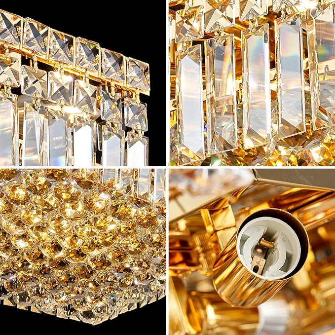 12-Lights Gold Crystal Flush Mount Ceiling Light Fixtures,Elegant Crystal Chandelier Pendant Ceiling Lamp for Bedroom,Living Room,Dining Room,Hallway H5.9 x W20 x L20 (Bulb Not Included) Square-Ruum Studio Home