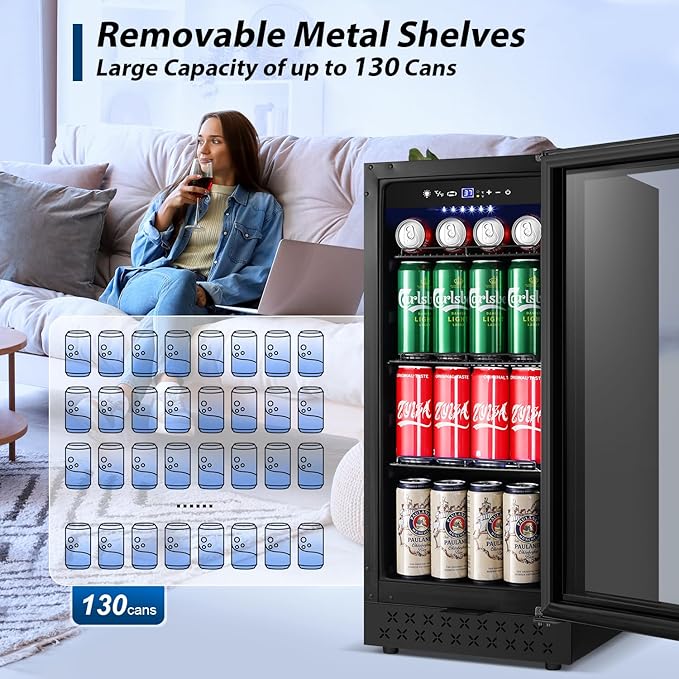Tylza 15 Inch Beverage Refrigerator, Under Counter/Freestanding Drink Fridge, 130 Cans Beverage Cooler with Glass Door, Reversible Door, Low Noise, Quick Cooling - for Beer, Soda, ETC, Black-Ruum Studio Home