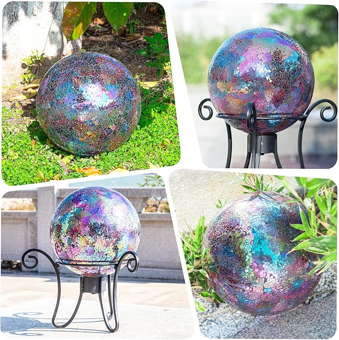 VCUTEKA Gazing Ball, Iridescent Crackled Glass Mosaic Gazing Balls Sphere for Garden Lawn Outdoor Ornament Yard Decorative, 10-Inch, Purple-Ruum Studio Home