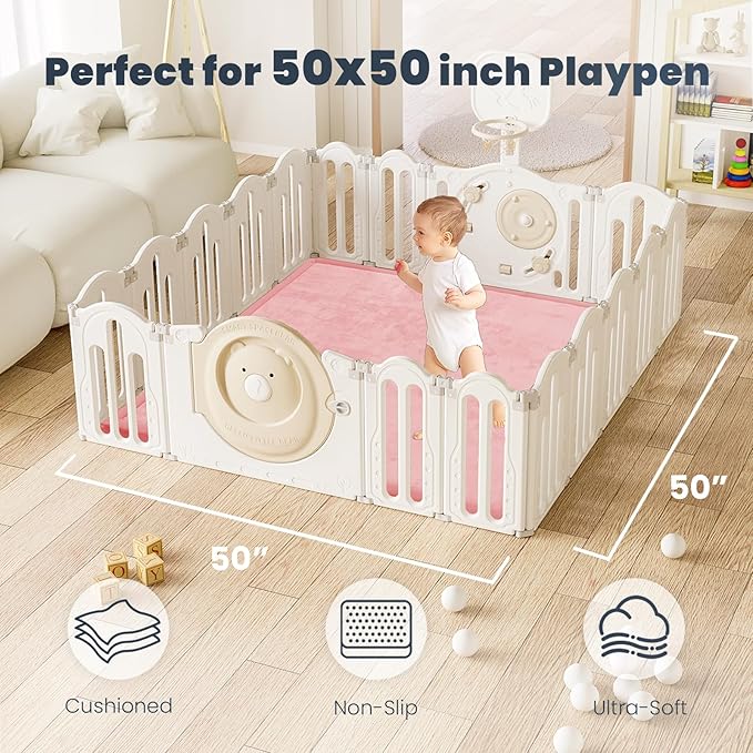 ACOMOPACK Baby Play Mat for Floor 1.3" Thick Memory Foam 50x50 Soft Velvet Playpen Mat for Kids,Infants,Toddlers,Tummy Time Crawling Mats with Non-Slip Bottom,Yoga,Tatami,Nursery Rug（Pink）-Ruum Studio Home