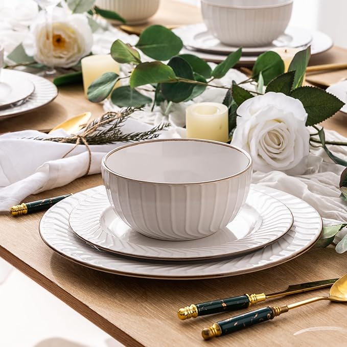 GBHOME Ceramic Dinnerware Sets,12 pcs Embossed Elegant Stoneware Plates and Bowls Sets, Housewarming Wedding Gift | Dishwasher & Microwave Safe | Dishes Set Service for 4-Ruum Studio Home