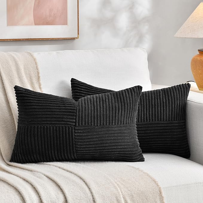 Fancy Homi 2 Packs Black Long Lumbar Decorative Throw Pillow Covers 16x24 Inch for Couch Bed Sofa, Rustic Farmhouse Boho Home Decor, Soft Striped Corduroy Rectangle Accent Cushion Case 40x60 cm-Ruum Studio Home