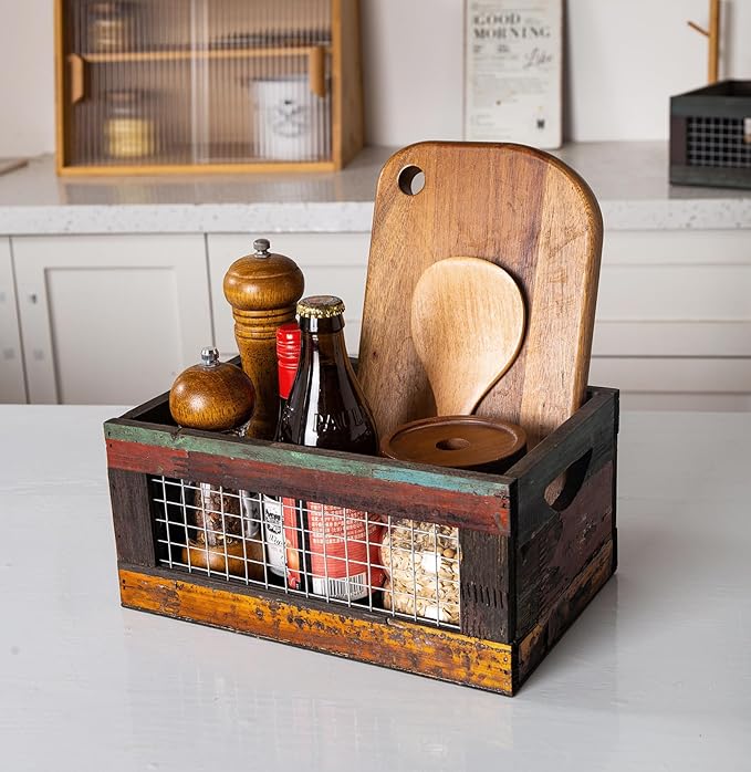 TIMRIS Set of 3 Rustic Wood Nesting Crates, Farmhouse Distressed Wooden Storage Boxes, Decorative Reclaimed Wood Organizer Baskets with Wire Mesh (Random)-Ruum Studio Home