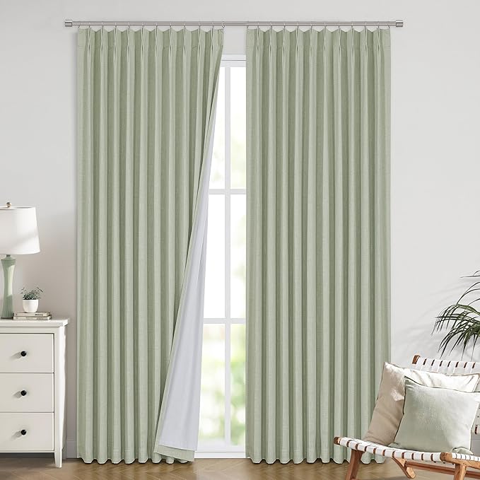 Vision Home Soft Green Pinch Pleated Full Blackout Curtains Linen Blended Room Darkening Window Panels 90 inch for Living Room Bedroom Thermal Insulated Pinch Pleat Drapes with Hooks 60" Wx90 Lx1-Ruum Studio Home