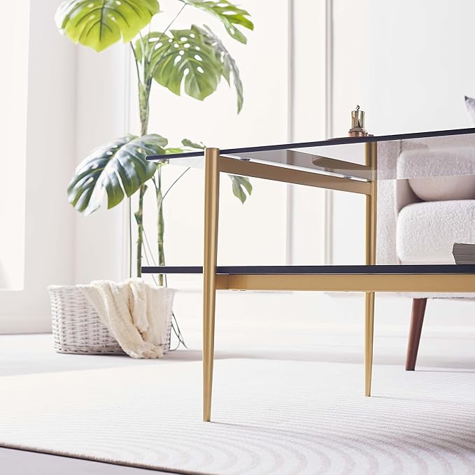 Rectangle Coffee Table for Living Room, Mid-Century Modern Design, L41 x W21 x H17, 2-Tier Structure, Clear Glass Top and Black Marble Wood Shelf, Conical Metal Legs with Gold Finish-Ruum Studio Home