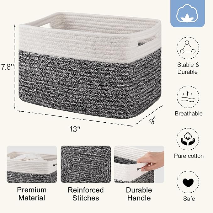 4 Pack Storage Baskets for Organizing, Woven Baskets for Shelves - Perfect for Toys, Books, Towels, and Clothes, Durable Gift Basket Bins Toy Storage, 13''Lx9''Wx7.8''H, Black & White-Ruum Studio Home