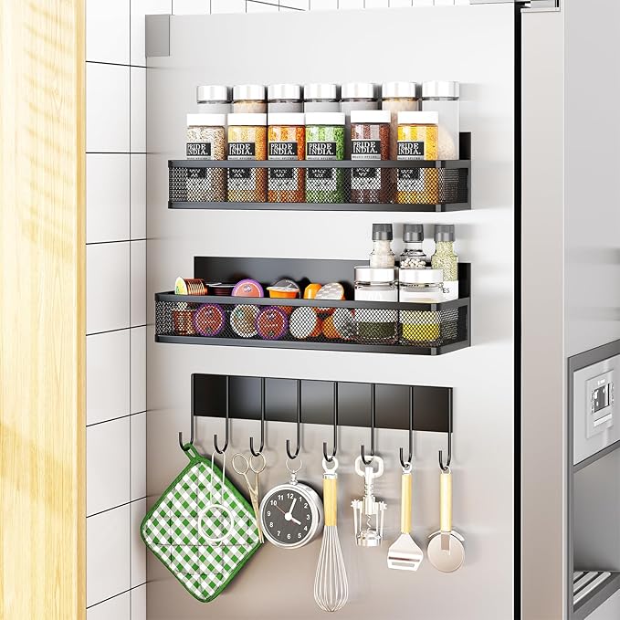 Magnetic Spice Rack for Refrigerator, 3 Pack Magnetic Shelf, Moveable Fridge Organizer with 8-Hook Rack, Seasoning Organizer for Kitchen-Ruum Studio Home