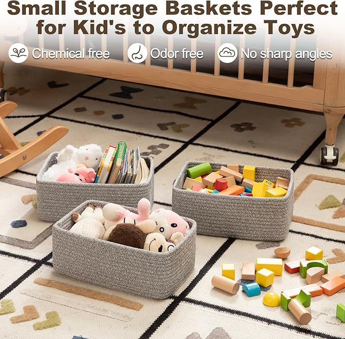 3 Pack Small Storage Baskets for Organizing, Cute Woven Decorative Gift Baskets for Shelves, Mini Closet Organizer Bins with Handles, 11.81''Lx7.87''Wx4.72''H-Grey-Ruum Studio Home