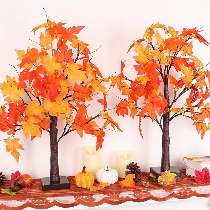 2 Pack 24 Inch Prelit Fall Maple Tree Fall Decor with 48 LEDs Timer Battery Operated Artificial Fall Light Up Tree Maple Acorn for Fall Thanksgiving Decorations Table Home Office Indoor Autumn Harvest-Ruum Studio Home