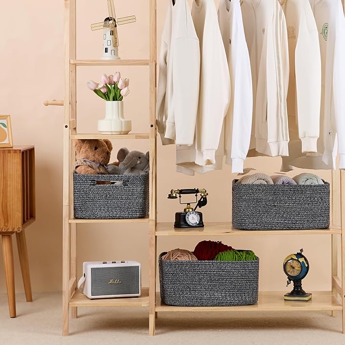 Large Storage Baskets for Organizing, Closet Shelf Baskets for Clothes Blanket Towels, Baby Nursery, Toy Bins Box, Woven Rope Baskets, 17 x 13 x 7.5”, 4 Packs Dark Gray-Ruum Studio Home