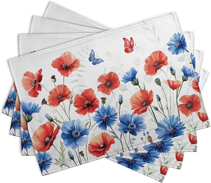 4th of July Floral Placemats Set of 4 Patriotic Summer Red Blue Flowers Linen Fabric Table Mats America Memorial Day Independence Day Place Mats for Party Kitchen Dining Decoration-Ruum Studio Home