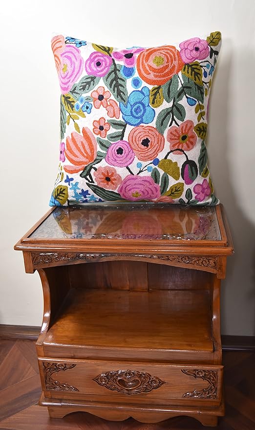 Roses Floral Pillow Cover Flower Farmhouse Chair Cushion Suzani Flowers Pillowcase Boho Florals Accent Throw Pillowsham Wool Hand Embroidered Size 18x18-Ruum Studio Home