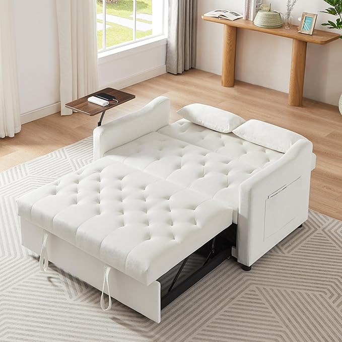 3-in-1 Convertible Sleeper Sofa Bed, Pullout Couch with 360° Swivel Side Table, Modern Chenille Fabric, Easy to Assemble, Folding Loveseat Sofa Bed for Living Room & Guest Room-Ruum Studio Home