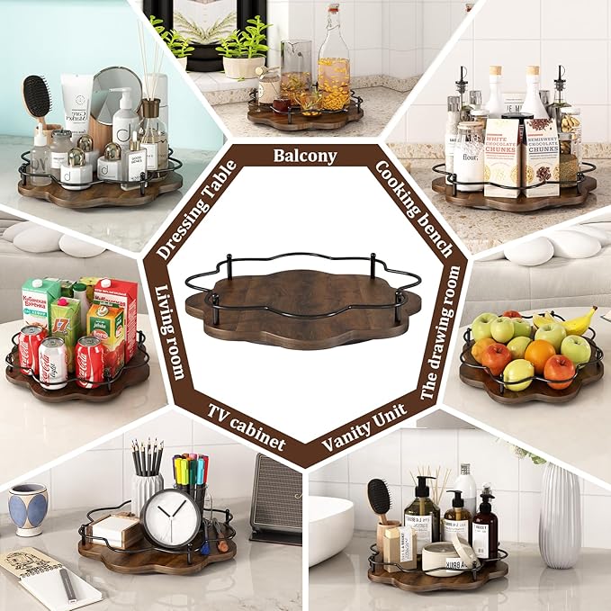 12" Lazy Susan Turntable Organizer,Round Wooden Lazy Susan Organization and Rotating Spice Rack for Dining Table,Pantry,Kitchen Countertop,Vanity,Cupboard and More.Vintage Wood(Petal Shape)-Ruum Studio Home