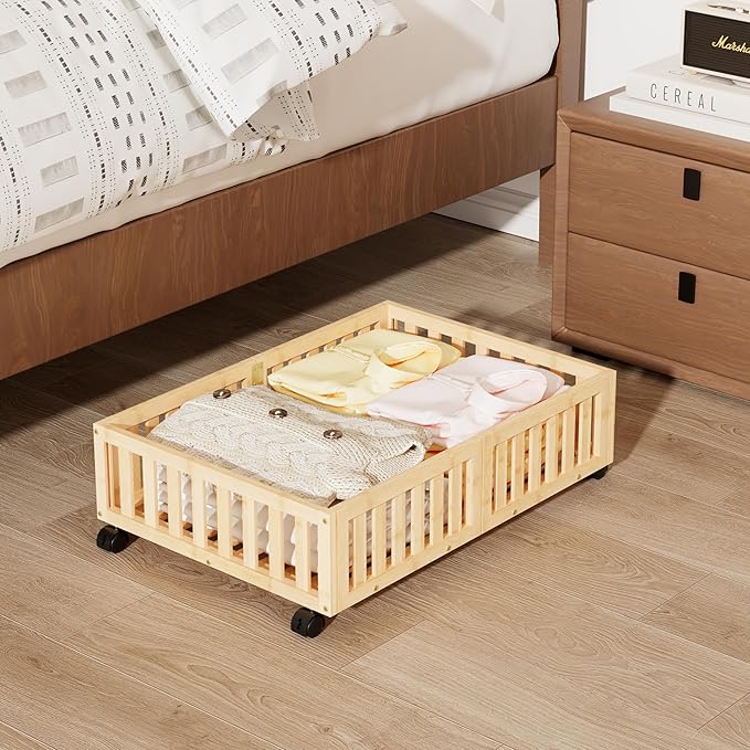 Bamboo Under Bed Storage with Wheels (2-Pack) – Rolling Underbed Shoe Organizer Box for Shoes, Blankets, Toys, Clothes Container Space-Saving Organizer Bins for Bedroom, Closet, Dorm, Nursery-Ruum Studio Home