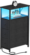 TUTOTAK Narrow LED Night Stand with Charging Station, Slim End Table with Plugins, Tall Side Table with 3 Fabric Drawer, Small Bedside Table with Storage, for Living Room, Black TB01BK086L-Ruum Studio Home
